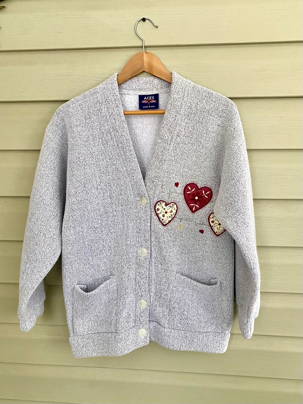 Vintage 90s ACES fleece cardigan sweatshirt embroidered hearts cottage granny M